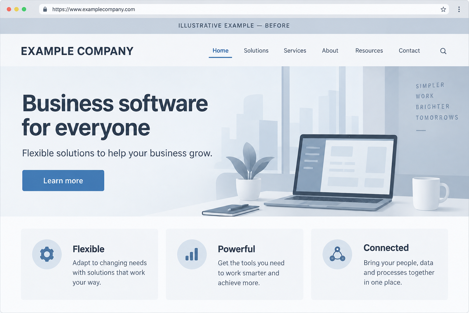 Illustrative before example: a fictional software website with a generic headline, crowded navigation and a vague Learn more call to action.